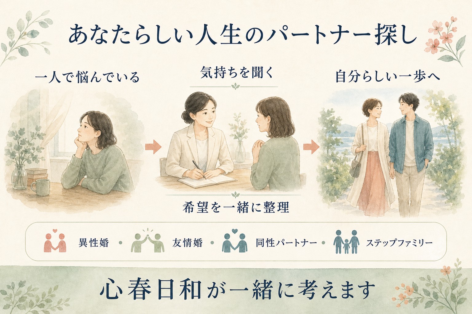異性婚・友情婚・同性パートナー・ステップファミリーなど、あなたらしい人生のパートナーと家族のカタチを一緒に探す心春日和の伴走図