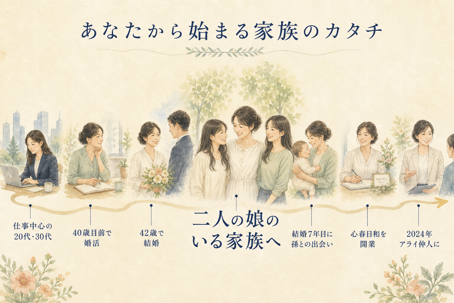仕事中心の20代・30代から、42歳で結婚して17歳・20歳の2人の娘と家族になり、孫との出会い、心春日和の開業へ続く人生の転機