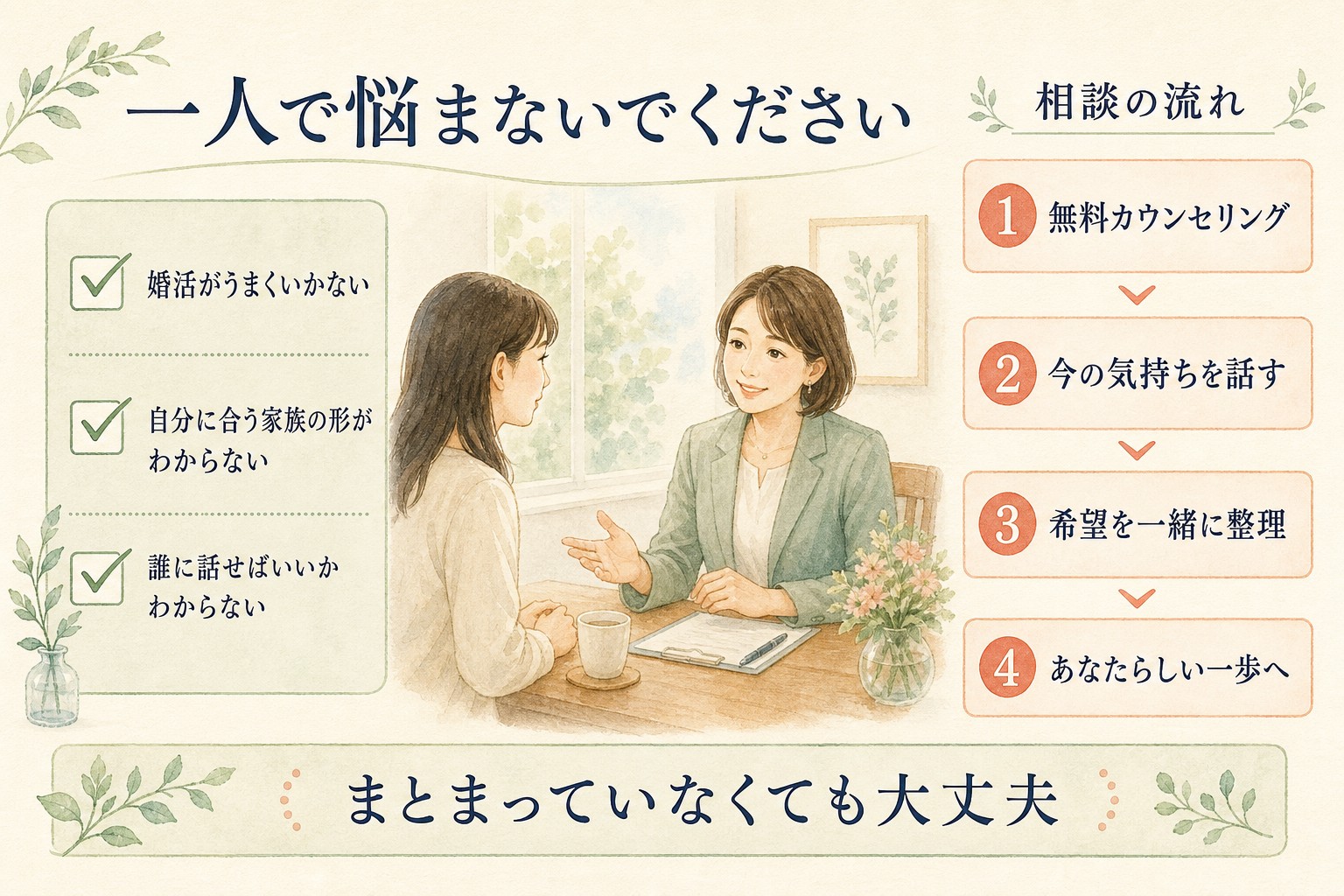 一人で悩まず無料カウンセリングで気持ちを話し、希望を整理して、お相手探しと出会いの振り返りへ進む相談の流れ