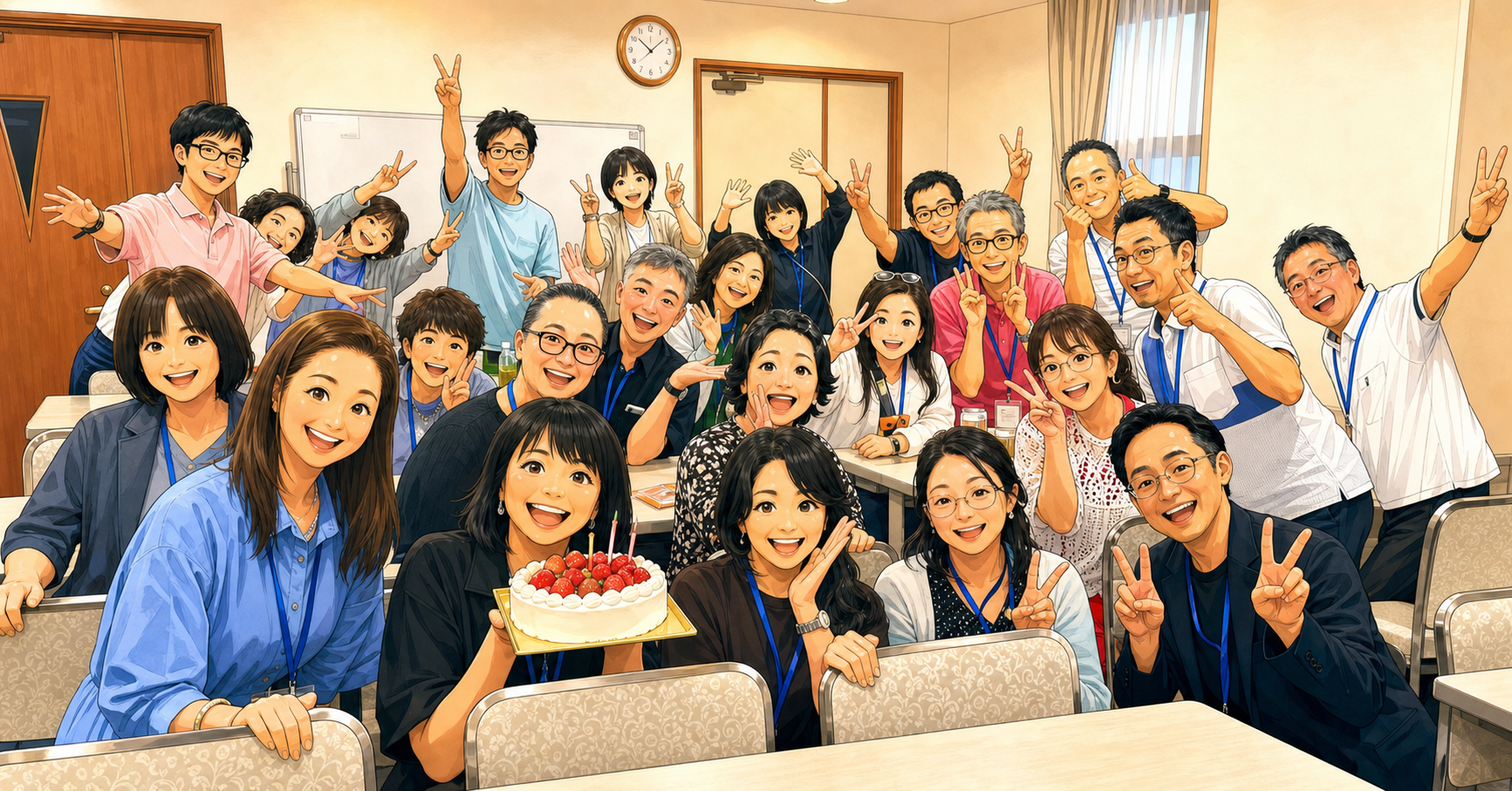 コミュニケーションマスタリーで学ぶ3CCメンバーの笑顔の集合イラスト