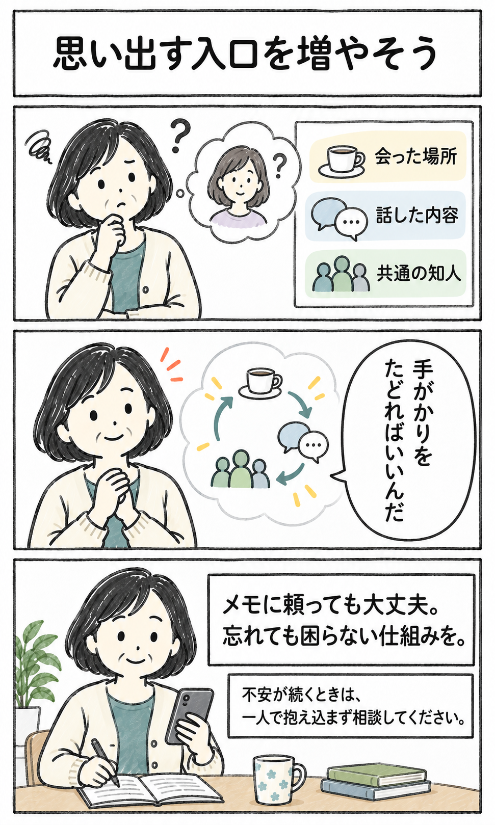 会った場所や話した内容を手がかりにし、メモも活用してよいと伝える漫画