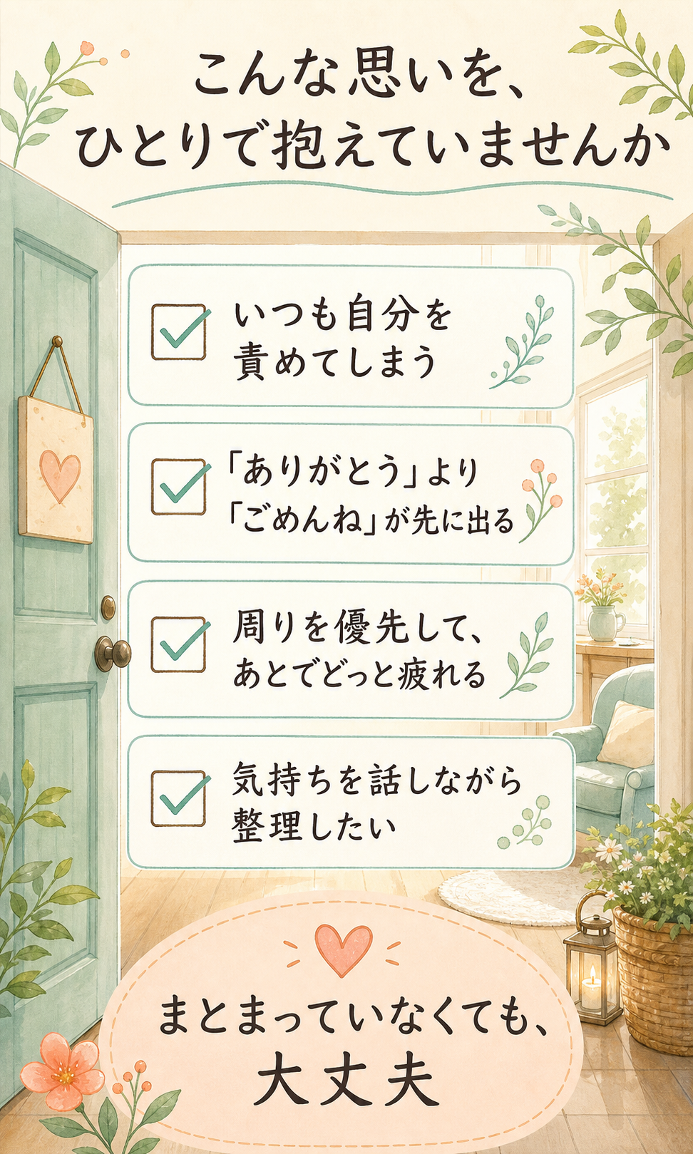 いつも自分を責める、ありがとうよりごめんねが先に出る、周りを優先して疲れる、気持ちを整理したい方へのチェックリスト