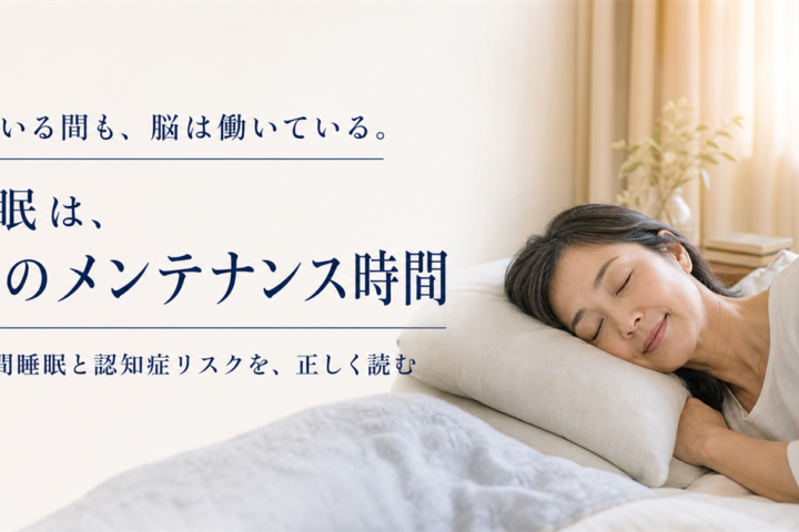 朝の光の中で眠る女性と「睡眠は、脳のメンテナンス時間」の見出し