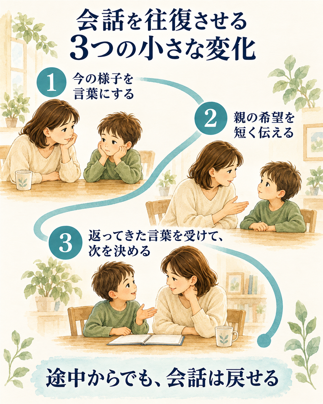 家族の会話を往復させるために、様子を見る、希望を短く伝える、返事を受けて次を決めるという3段階を示した水彩イラスト