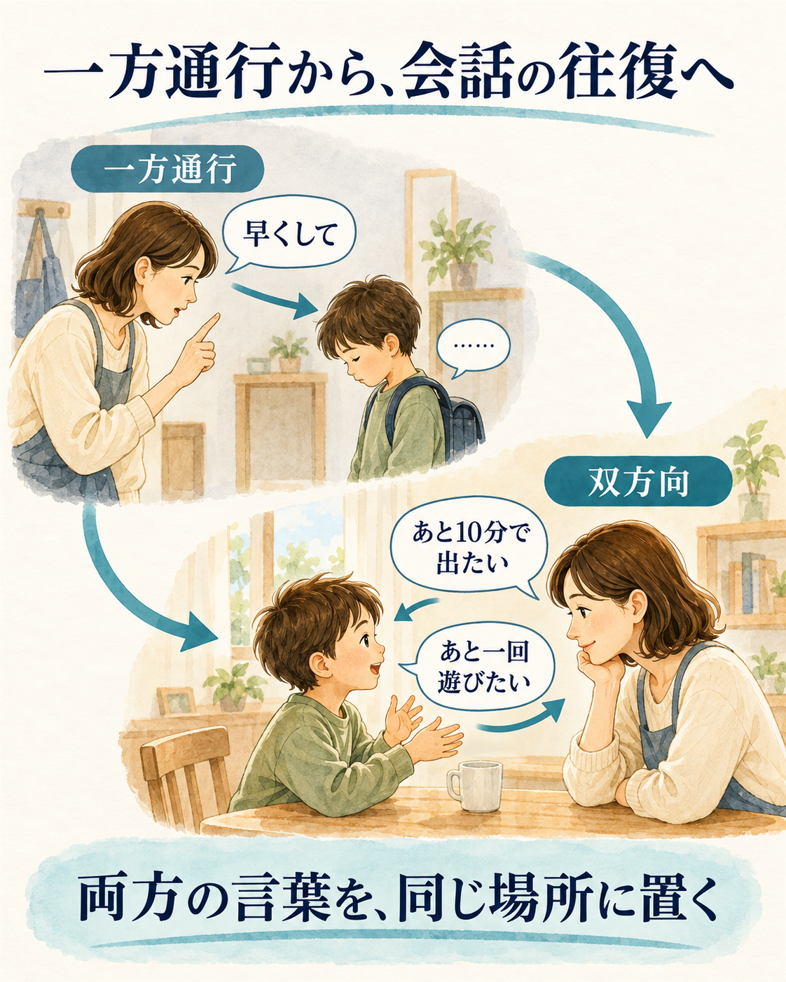 親から子への一方通行の指示と、親子が互いの希望を伝える双方向の会話を比べた水彩イラスト