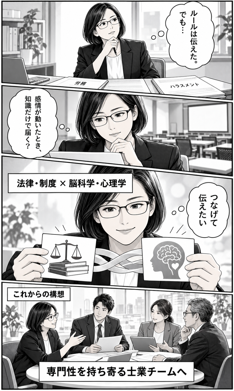 法律・制度だけでは届きにくい場面から、脳科学・心理学を掛け合わせ、士業チーム構想へつながる4コマ漫画